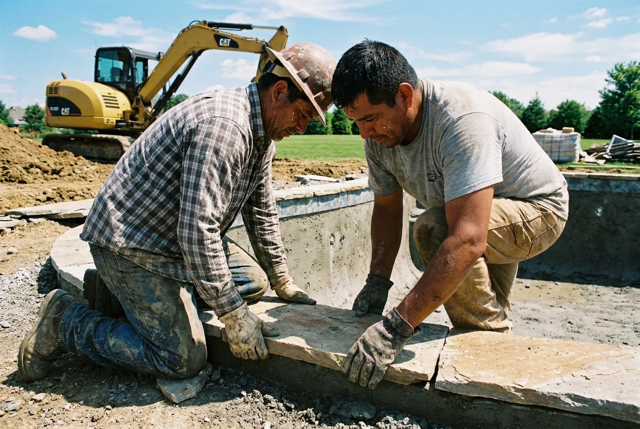 A pool construction crew installing stone coping around a new inground swimming pool