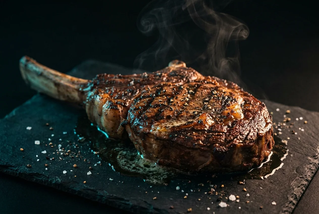A seared bone-in Tomahawk steak, the prize drawn live at the end of the webinar